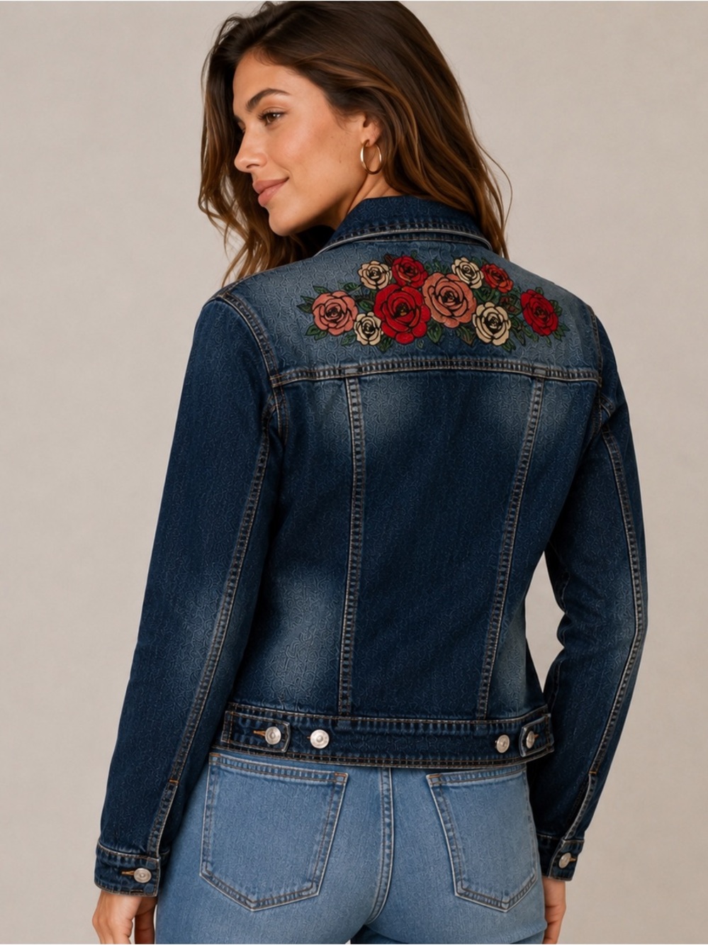 LuLaRoe Harvey Floral Embroidered Rose Denim Jacket Dark Wash NWT Medium - Picture 2 of 11